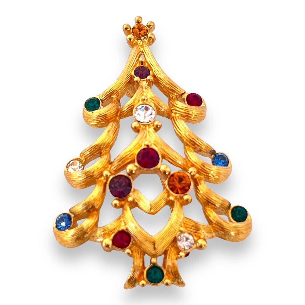 Vintage 1980s Monet Christmas Tree Brooch Rhinestone Gold Tone Pin - 6I